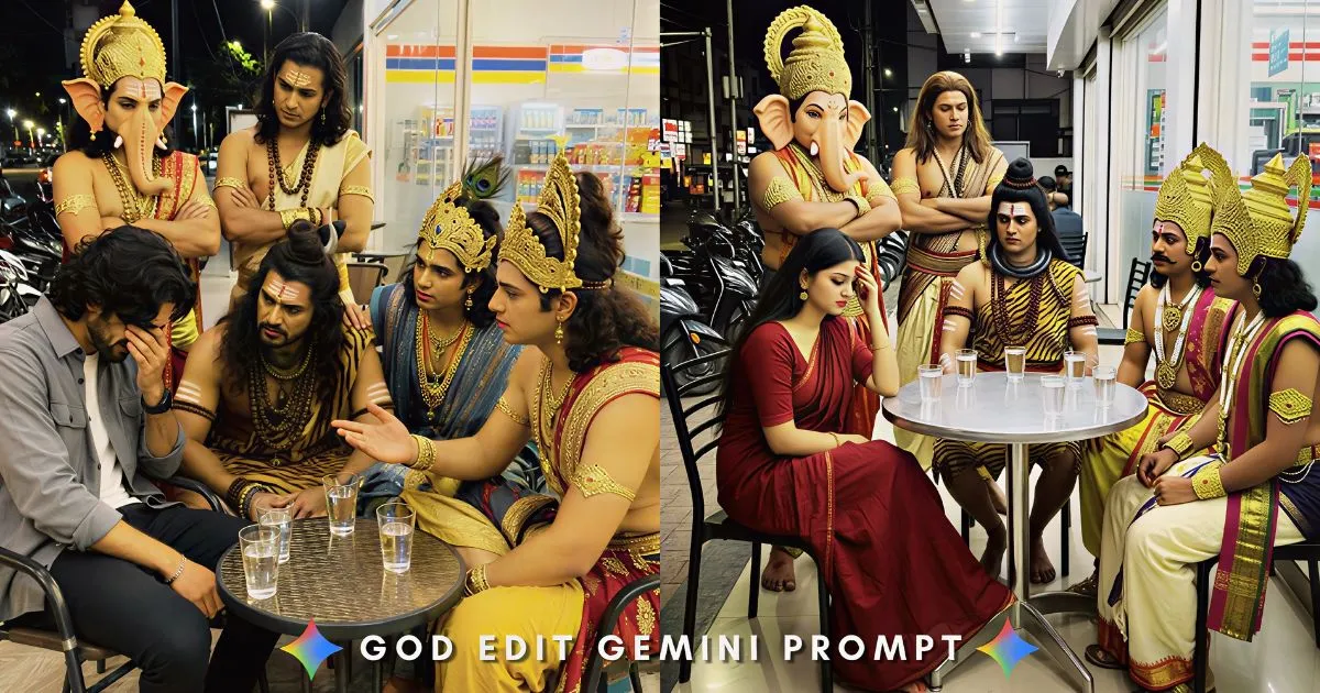 Cinematic AI-generated divine portrait created using a God Edit Gemini Prompt featuring a person with mythological characters and celestial effects